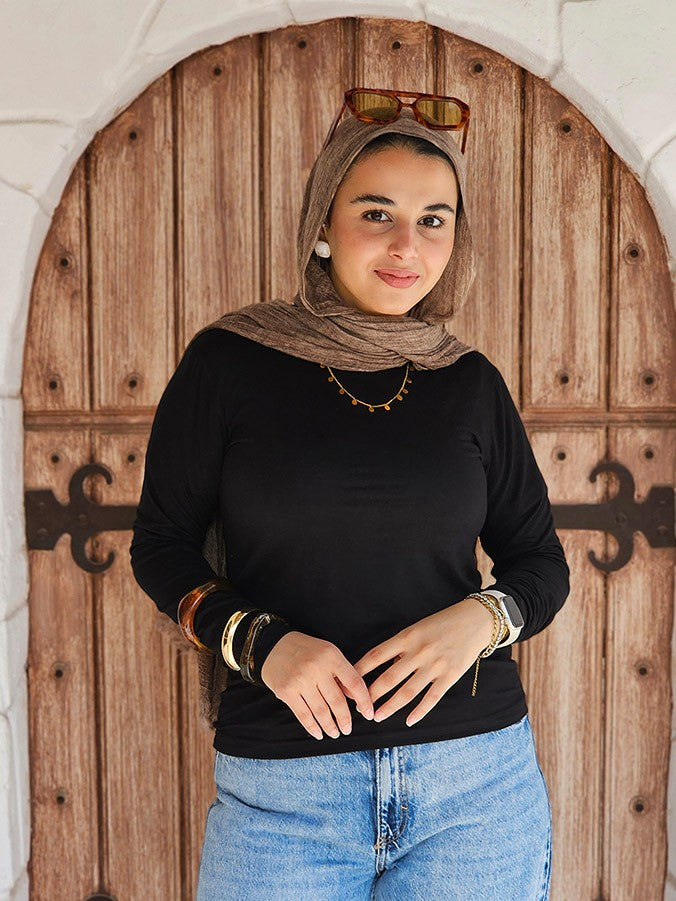 Basic Cotton Lycra Long Sleeve Top - Black