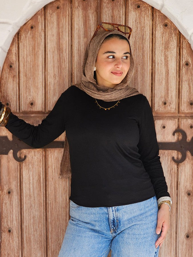 Basic Cotton Lycra Long Sleeve Top - Black