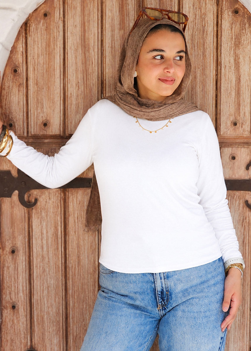 Basic Cotton Lycra Long Sleeve Top - White